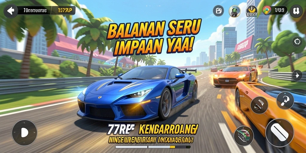 Screenshot gameplay <strong>77RP</strong> menunjukkan aksi balapan yang mendebarkan dan kendaraan yang bertenaga.