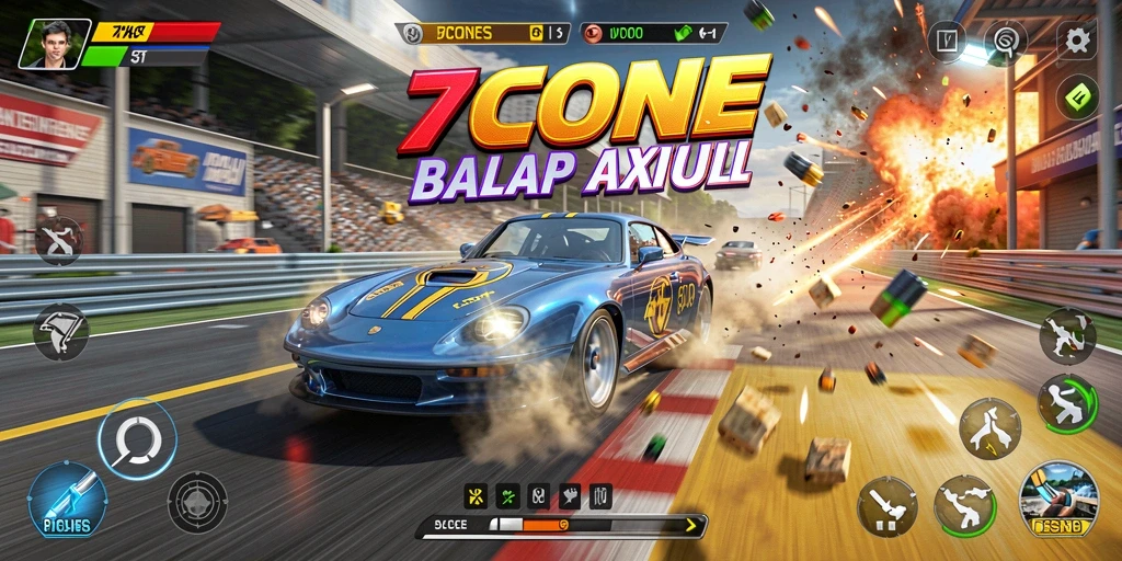 Screenshot utama 7CONE menampilkan aksi balap mendebarkan.