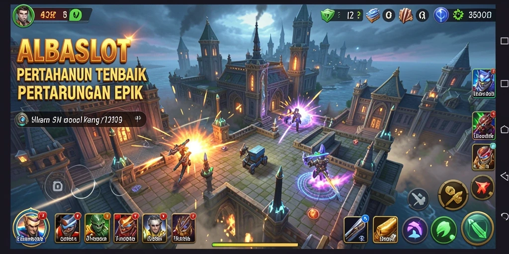 Tampilan gameplay <strong>ALBASLOT</strong> yang menampilkan aksi menara pertahanan.