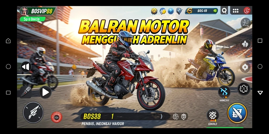 Tangkapan layar utama BOSVIP88 menampilkan aksi balapan motor yang seru.