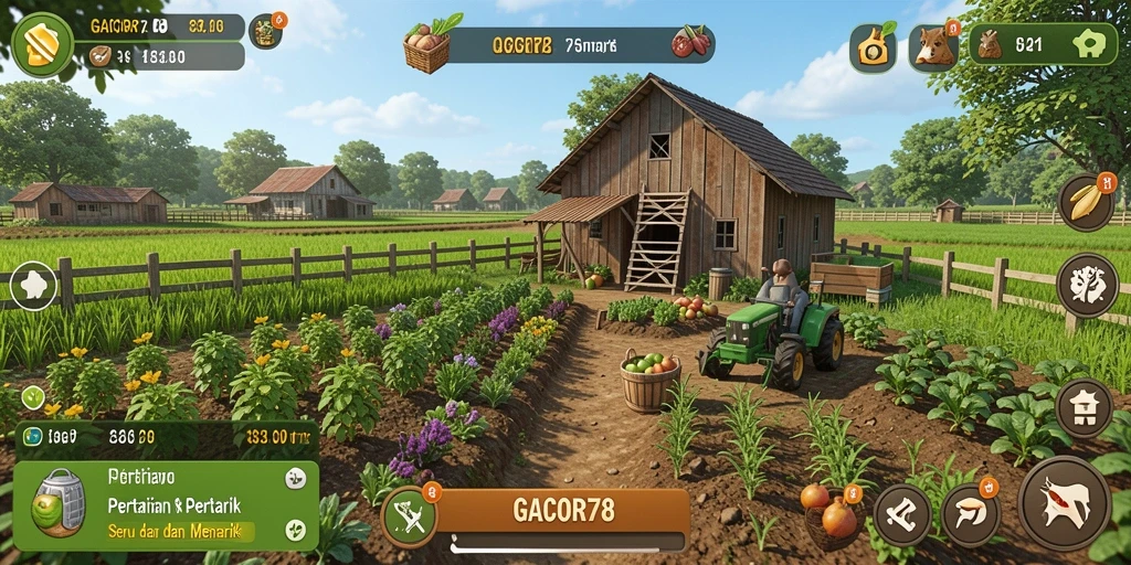 Screenshot gameplay GACOR78 yang menampilkan pertanian yang indah dan produktif.