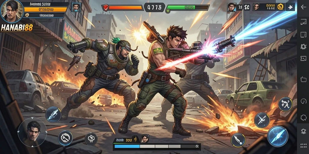 Tangkapan layar utama dari gameplay HANABI88 menampilkan aksi pertarungan yang intens.