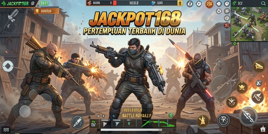 Tampilan aksi seru dalam gameplay JAKPOT168 di arena Battle Royale.