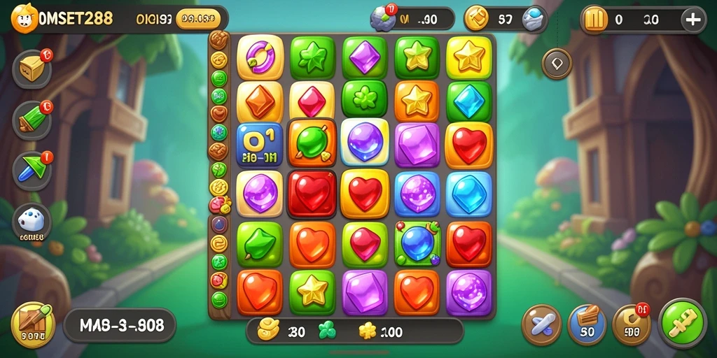 Screenshot OMSET288 yang menampilkan gameplay Match-3 yang seru.
