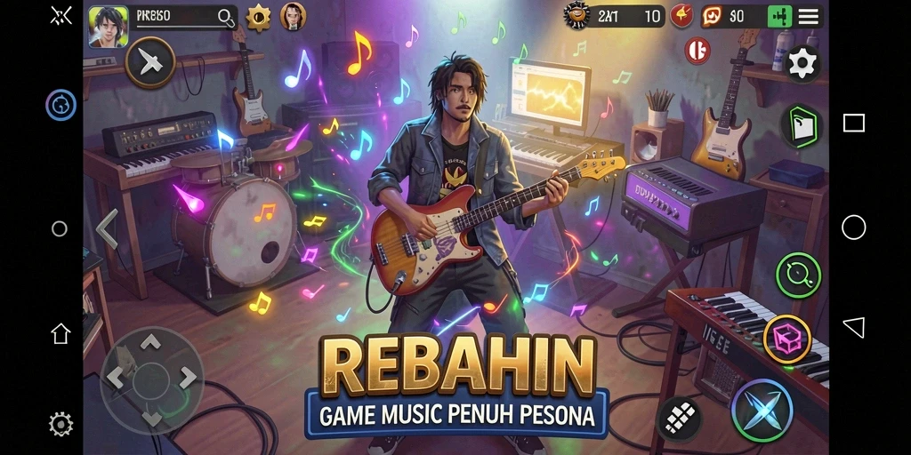 Tampilan gameplay interaktif dari aplikasi REBAHIN dengan musik.