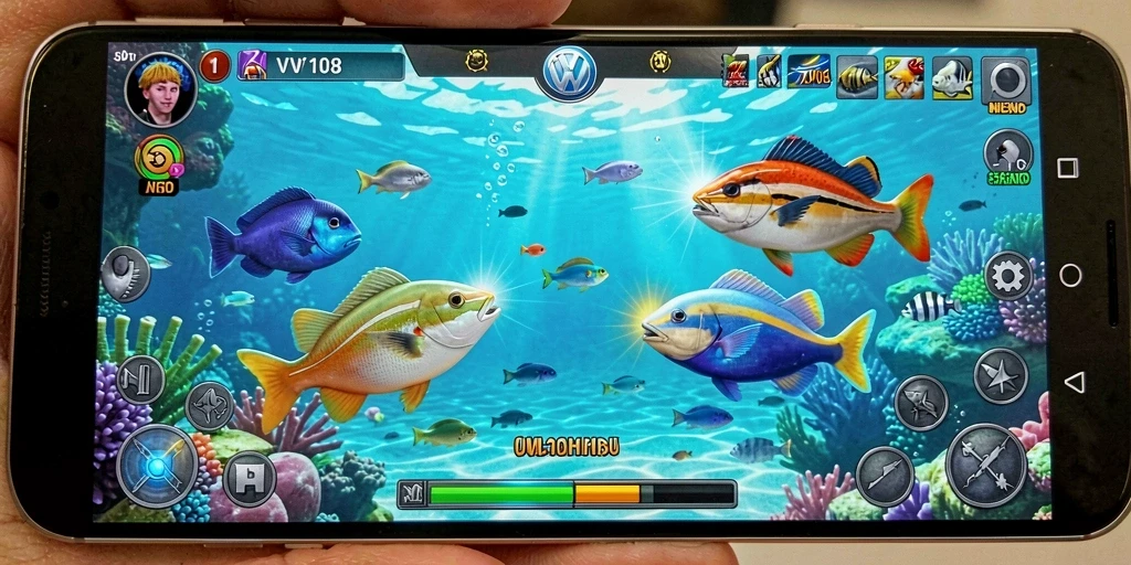 Tampilan gameplay VW108 menembak ikan yang penuh warna dan seru.