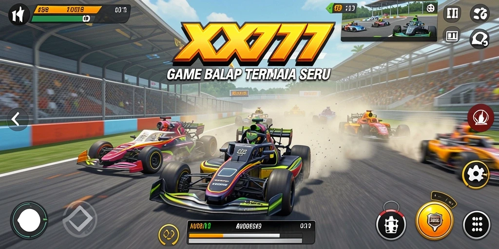 Screenshot gameplay XXX777 menunjukkan aksi balapan yang intens.